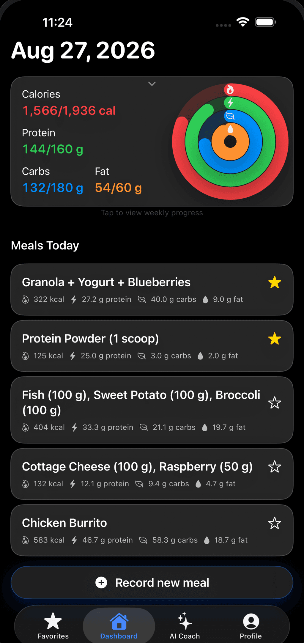 TrackMacros dashboard showing daily calories and macros progress.