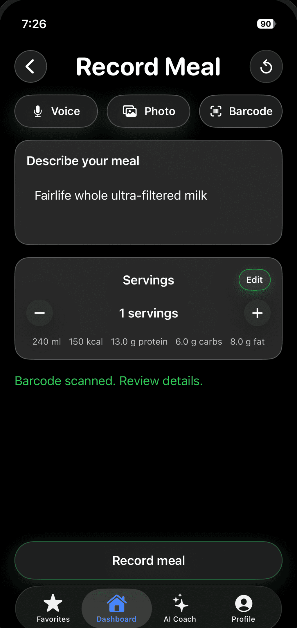 TrackMacros record meal screen with voice, photo, and barcode options.
